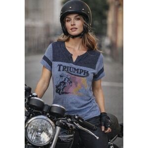 Lucky Brand Triumph Motorcycles Graphic T-Shirt Blue Colorblock V-Neck Small